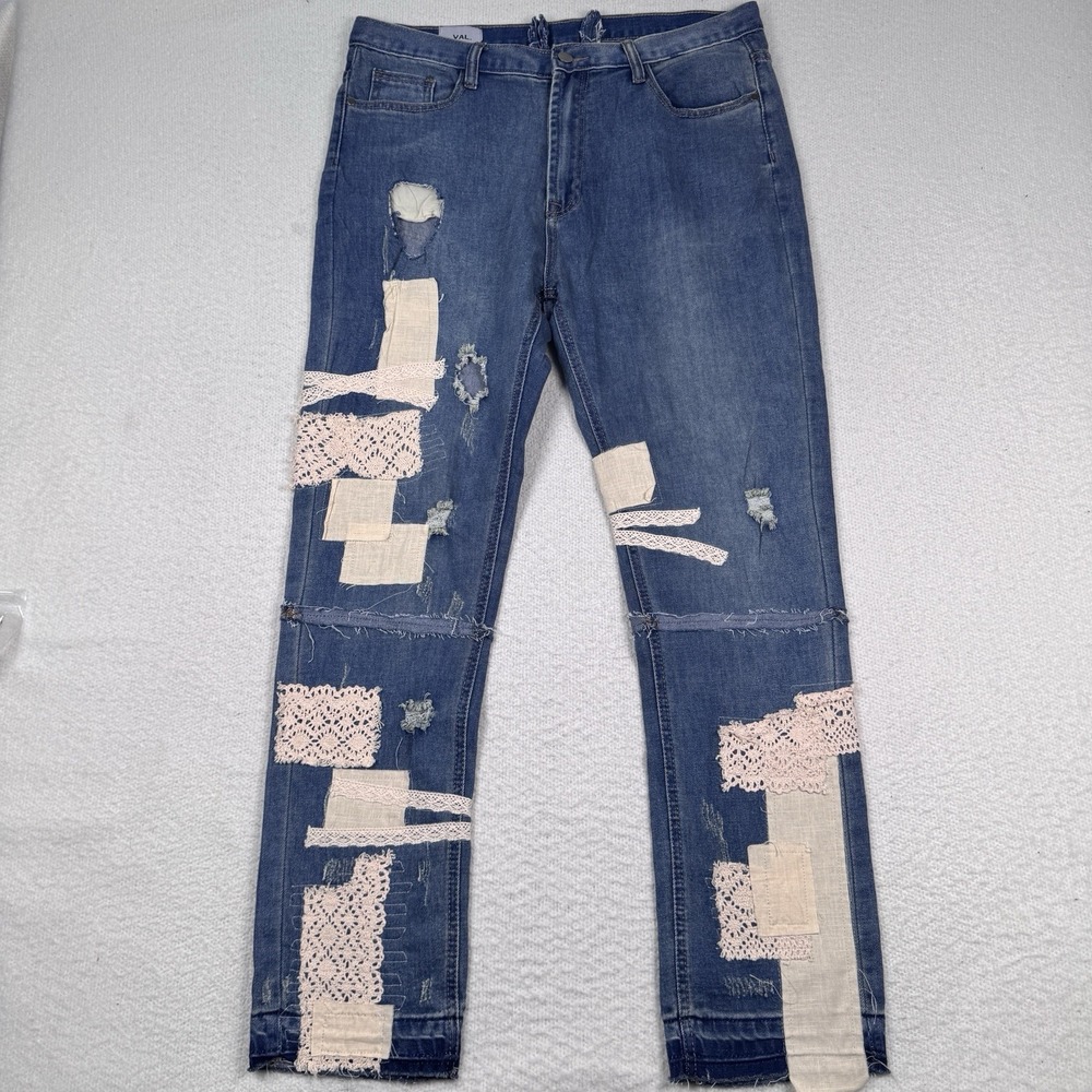 Val Kristopher Jeans Mens 36 34x31 Deconstructed Distressed Lace Patchwork SPACE